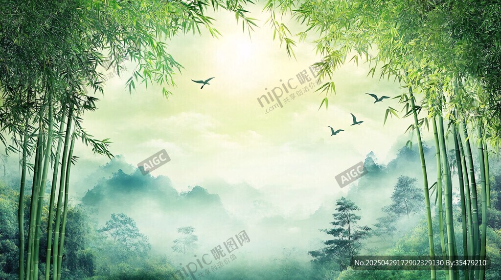 竹林晨景飛鳥詩意風光