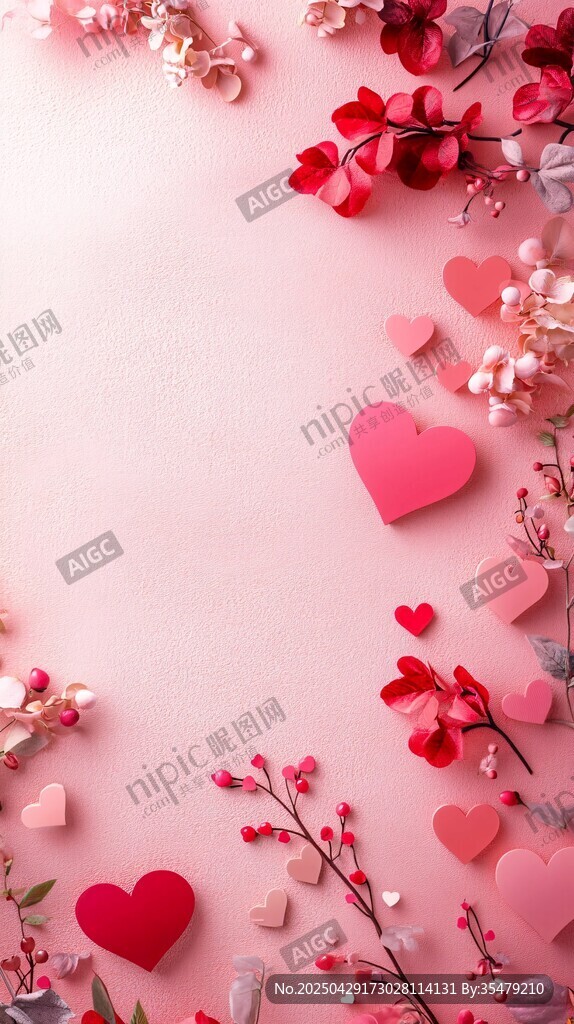 浪漫粉色愛心花卉裝飾圖