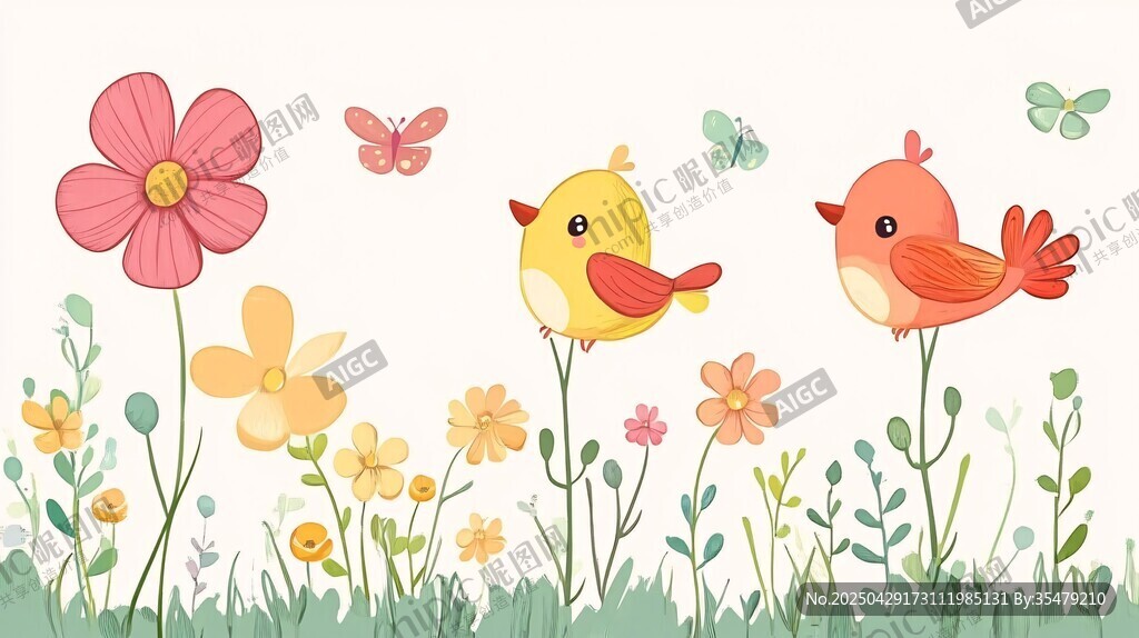 春日花叢中的可愛(ài)小鳥(niǎo)