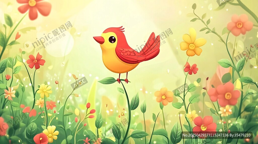 小鳥立于繁花盛開的草地