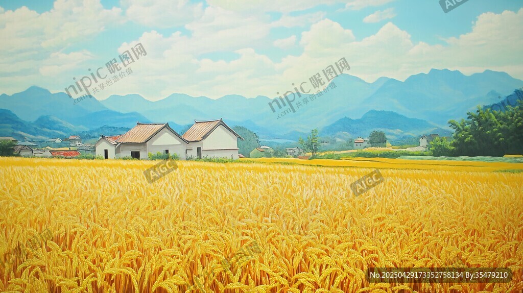 金色稻田旁的鄉(xiāng)村景致