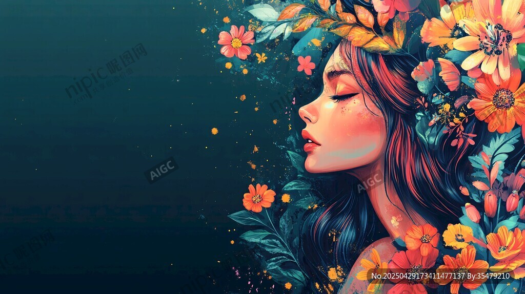 夢(mèng)幻花飾少女側(cè)臉插畫