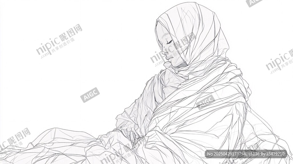 頭戴頭巾女性的線稿素描