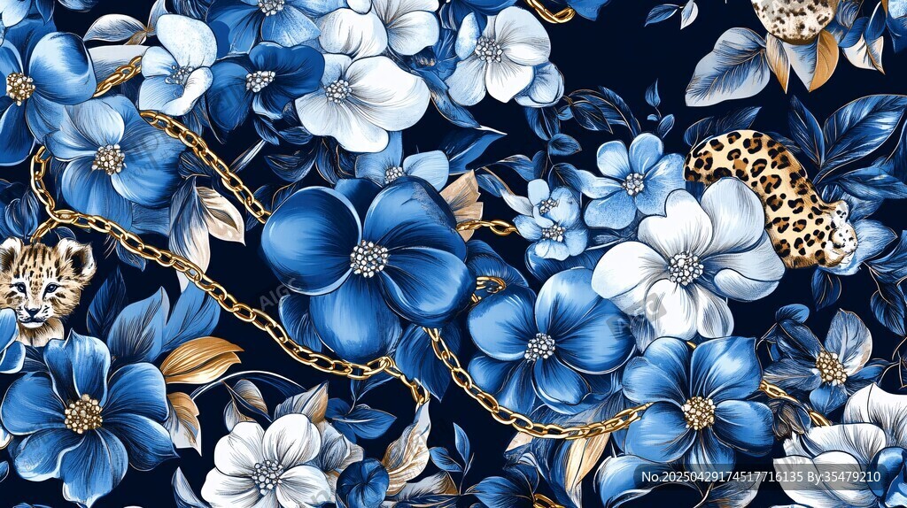 藍(lán)白花卉鏈條豹紋圖案