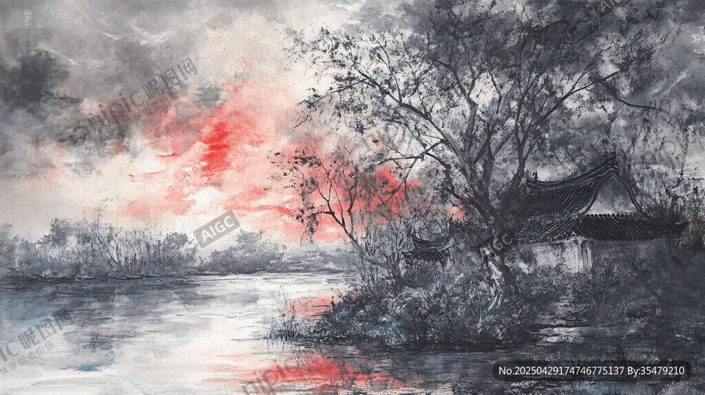 水墨湖畔黃昏景