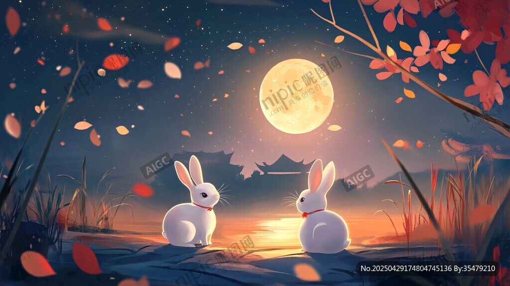 雙兔賞月秋夜景