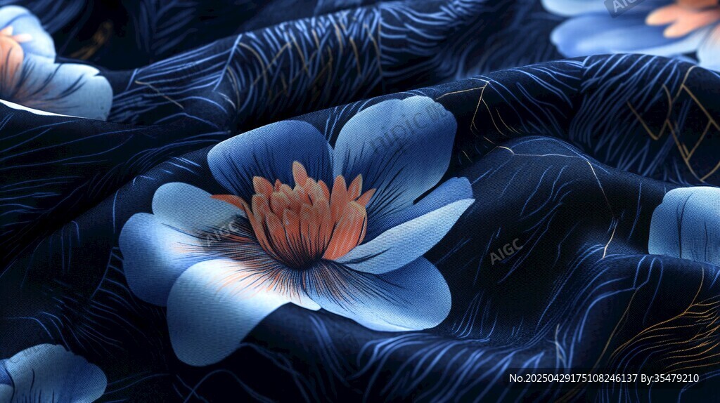 深藍底花卉絲綢面料圖案