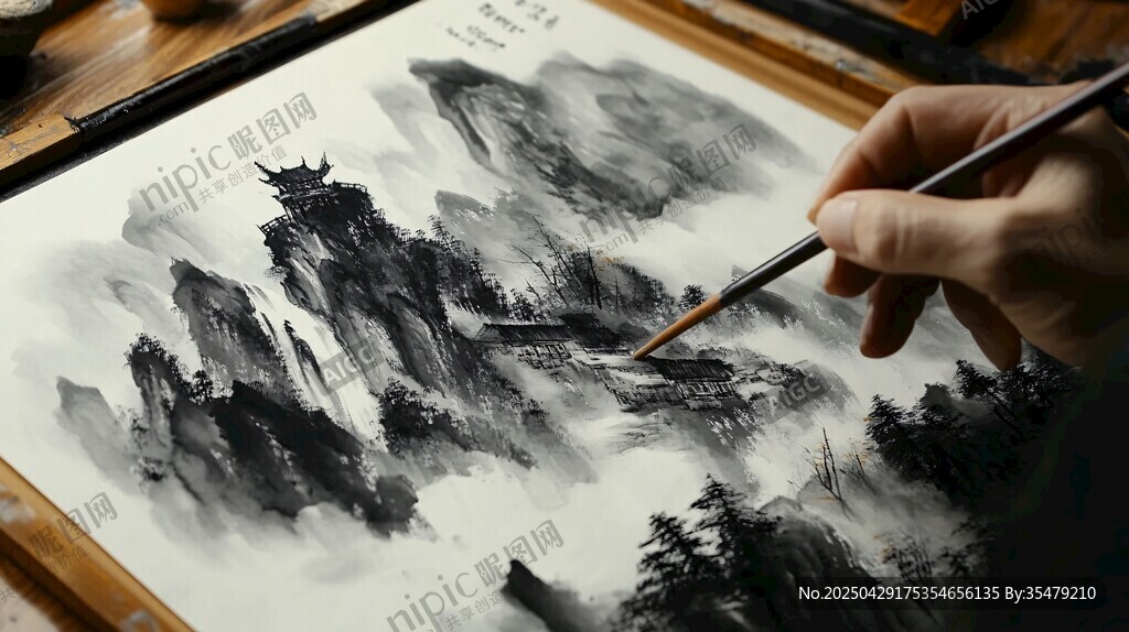 手繪山水墨畫創(chuàng)作瞬間