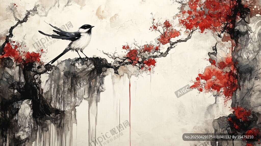 水墨枝頭鵲 綻艷紅花朵