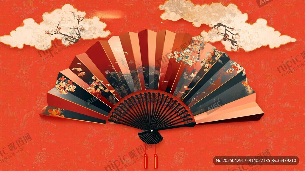 古典折扇繪繁花于紅底