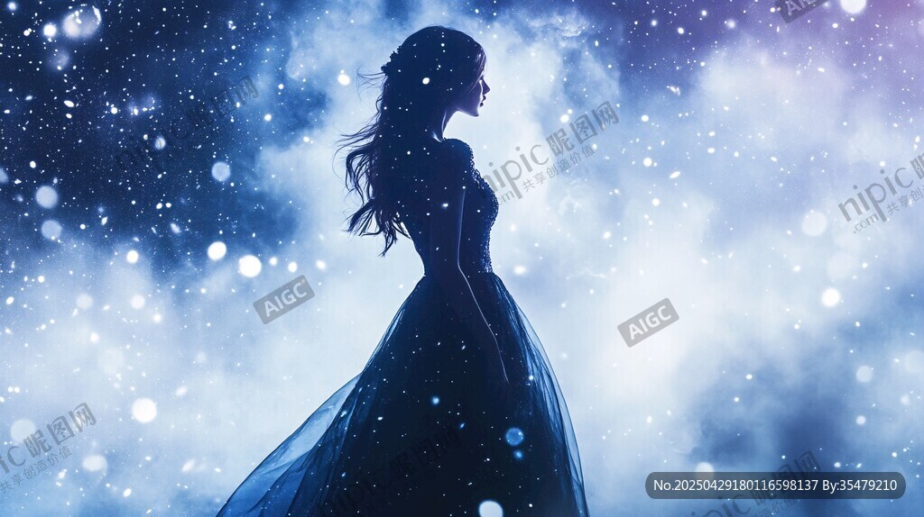夢幻星空下的優(yōu)雅長裙女子