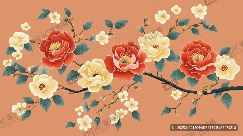 中式花卉圖 艷麗花枝綻放
