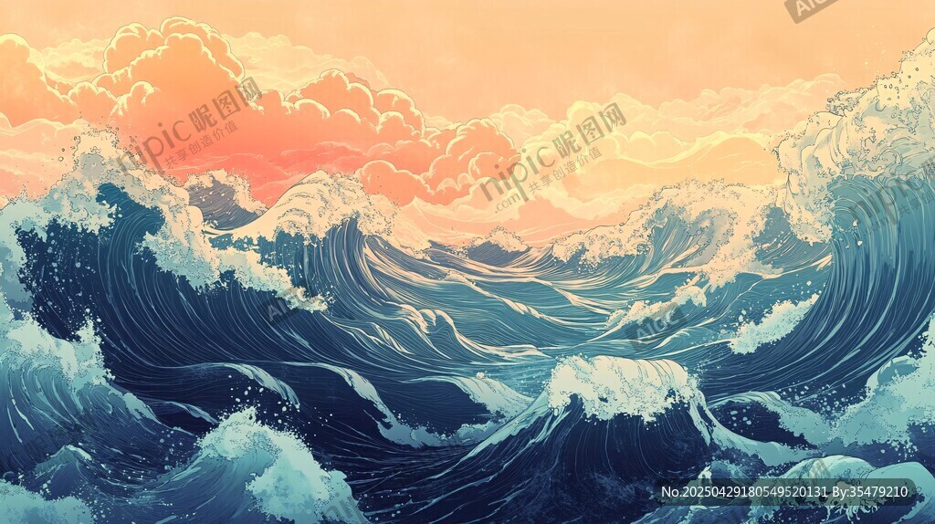 壯麗海上波濤與絢爛霞光
