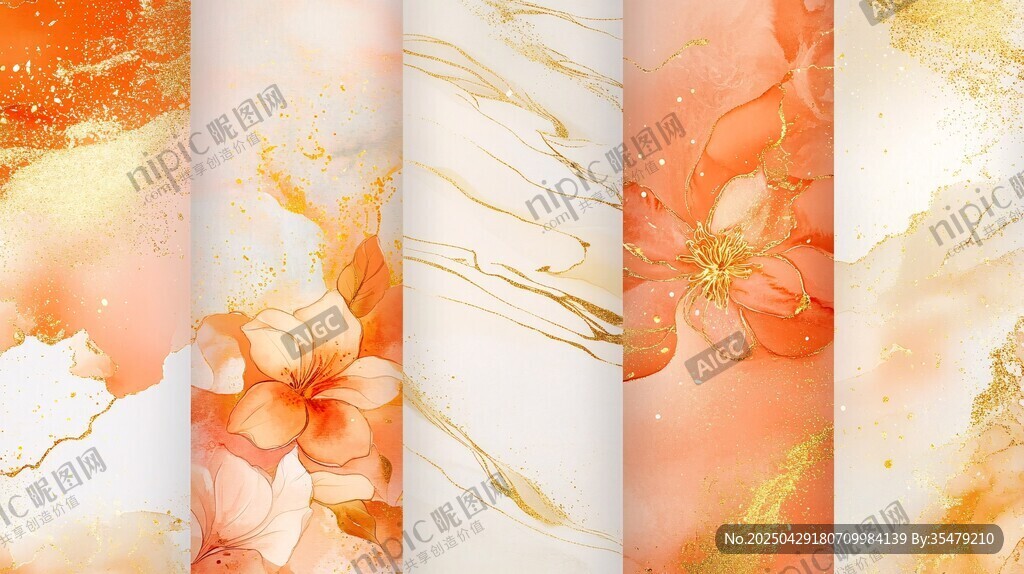 橙色花卉大理石紋理背景圖