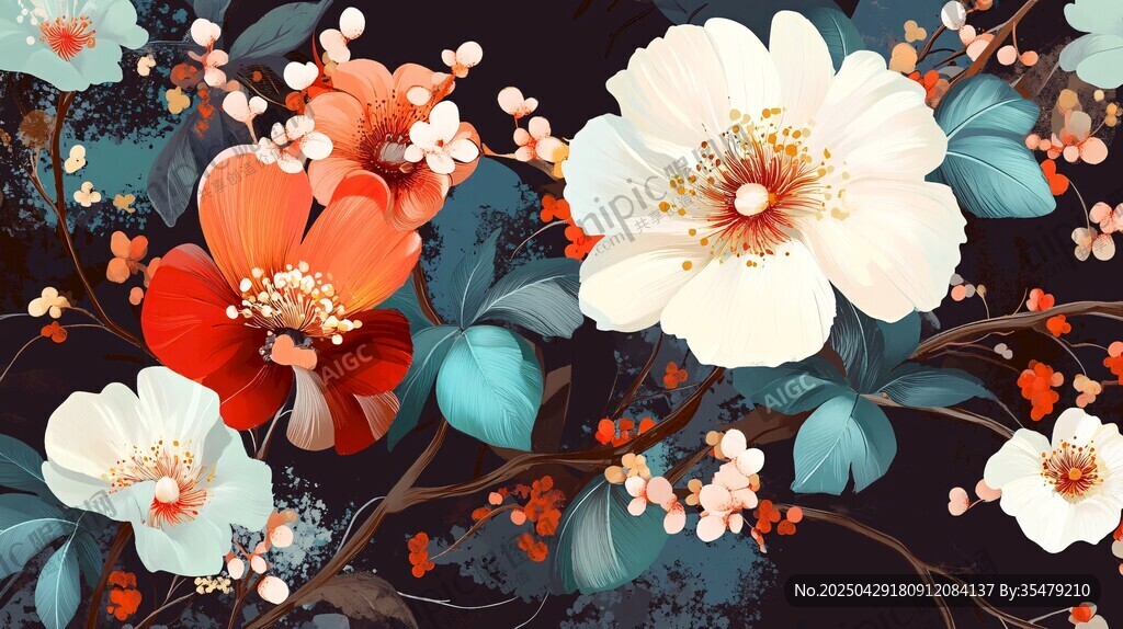 復古花卉插畫 色彩絢麗