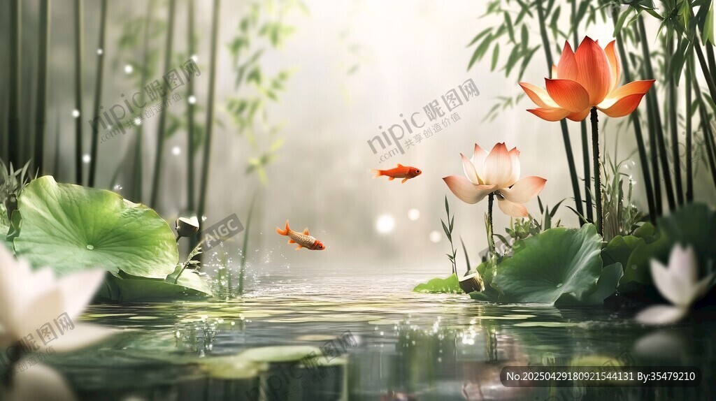 荷塘錦鯉圖 清幽自然景
