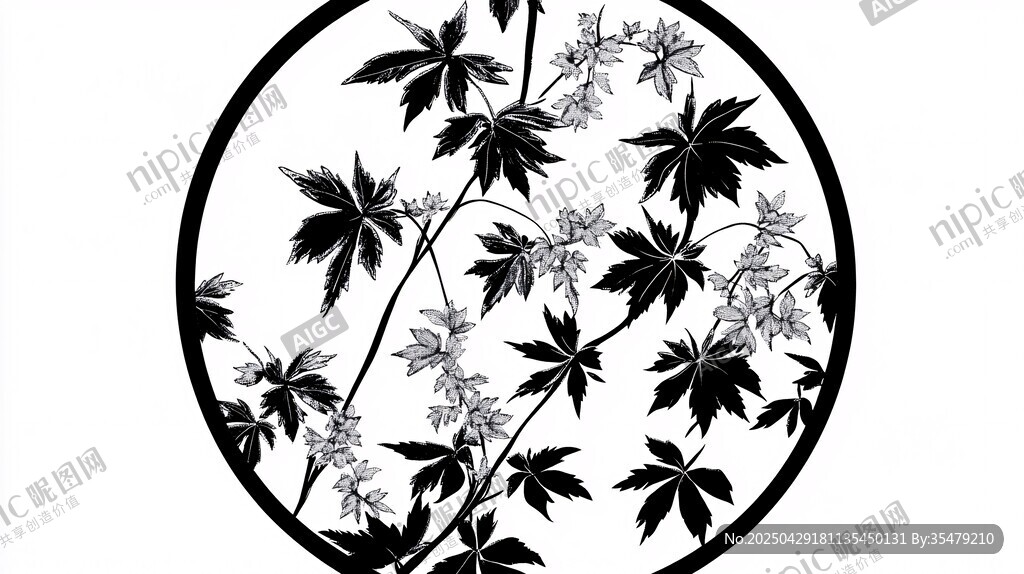 圓形黑白楓葉花卉圖案