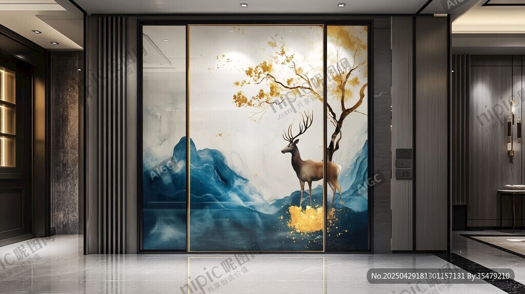 中式玄關(guān)處的鹿景藝術(shù)壁畫