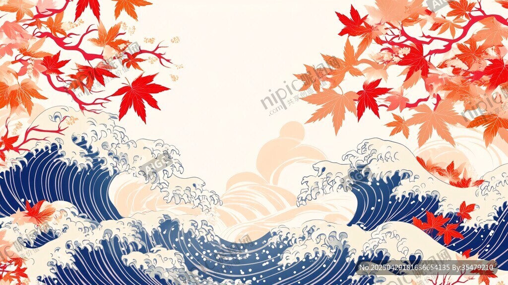 日式楓葉海浪傳統風插畫