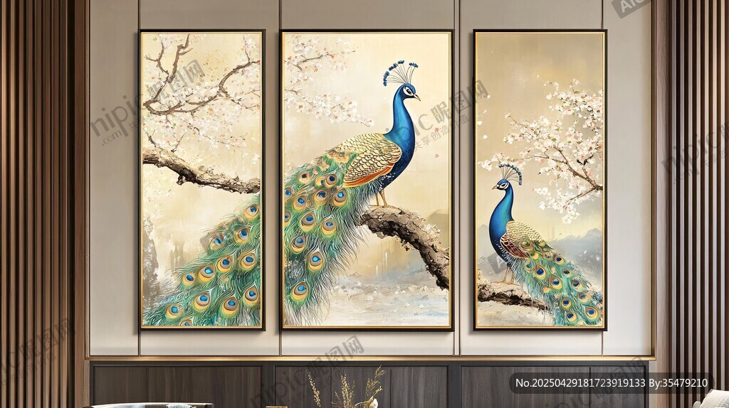 三聯(lián)孔雀掛畫 盡顯雅致