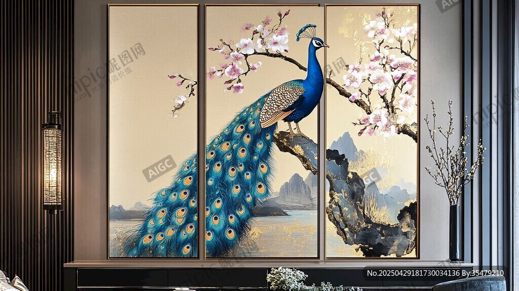 中式孔雀花卉三聯(lián)裝飾畫