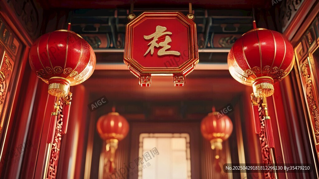 中式廳堂里的紅燈籠裝點