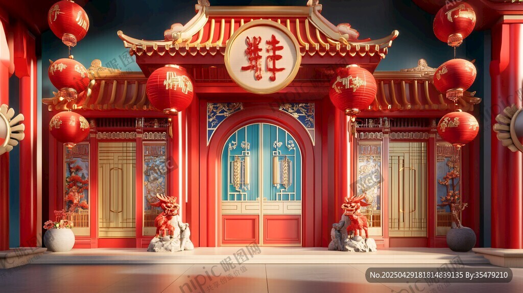 中式喜慶門頭洋溢新春氛圍