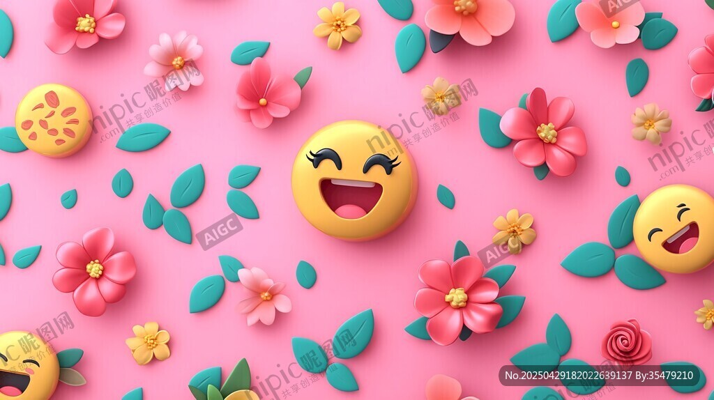 粉色背景的表情與花卉圖案