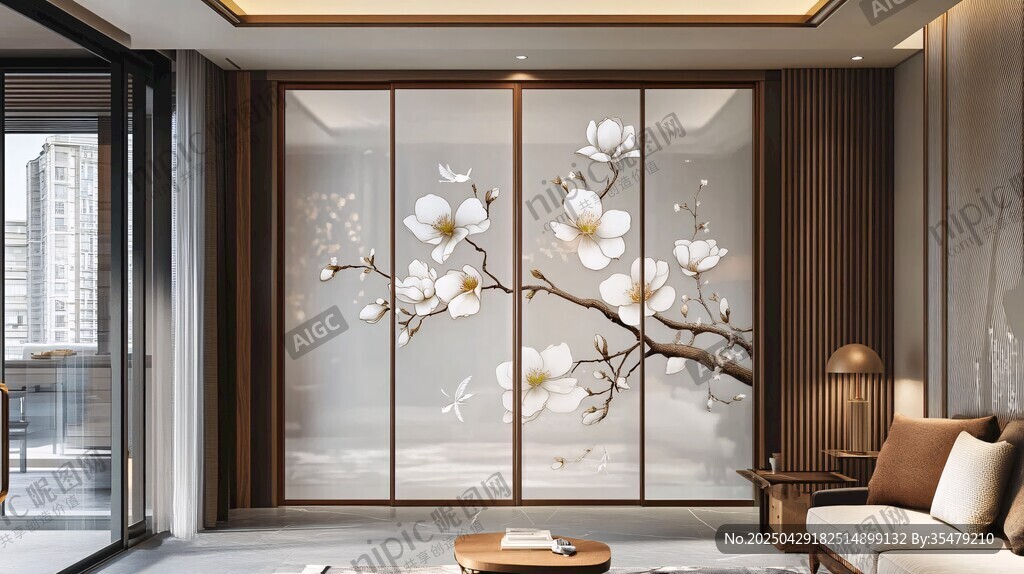中式客廳玉蘭花屏風(fēng)美景