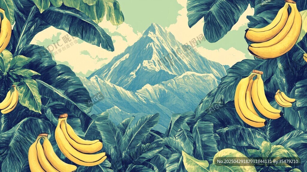 香蕉叢林中的遠山景致