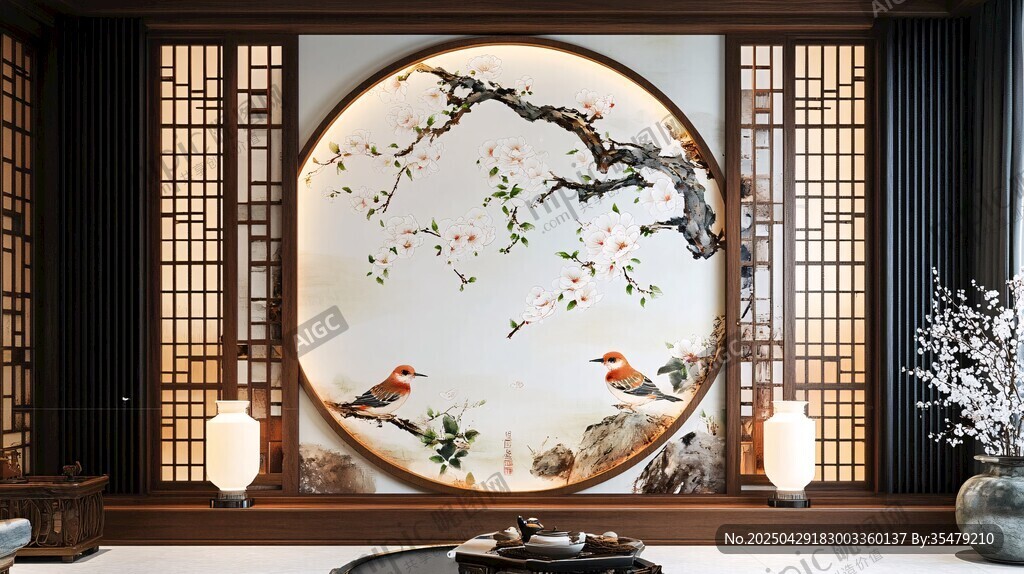 中式屏風上的花鳥雅致景致
