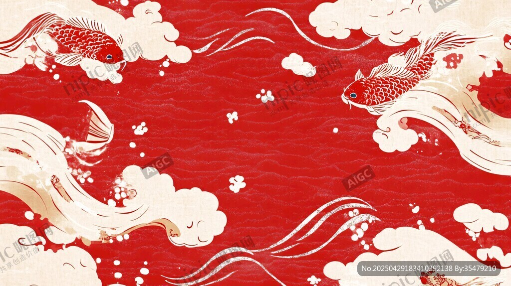 紅底金鯉祥云中式背景圖