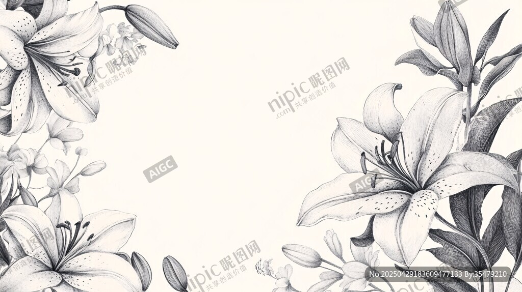 黑白花卉邊框插畫