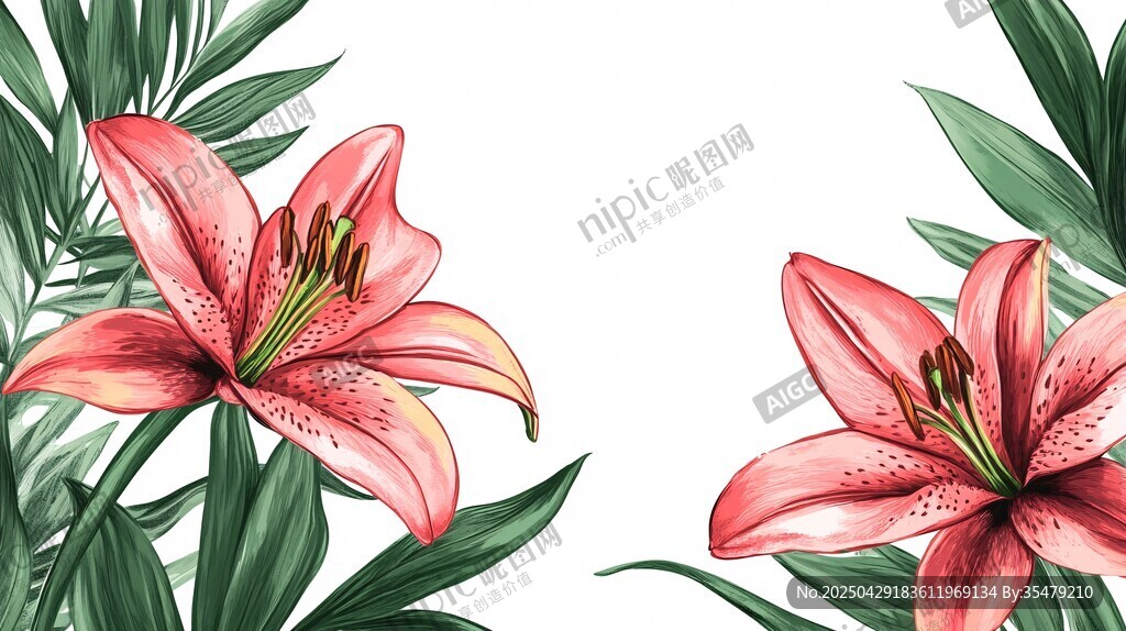 粉色百合花與綠葉插畫