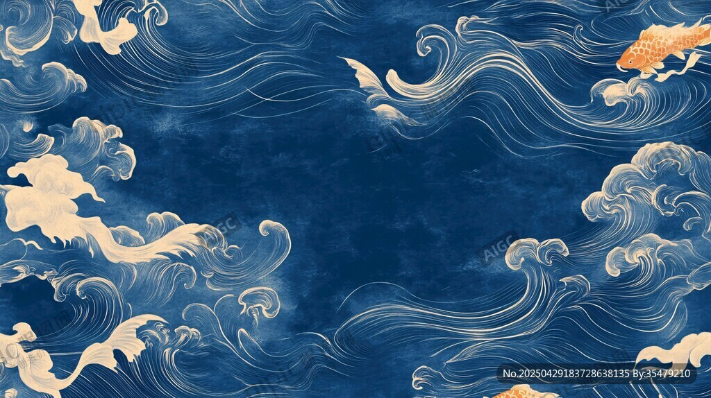 中式海浪錦鯉古風背景圖