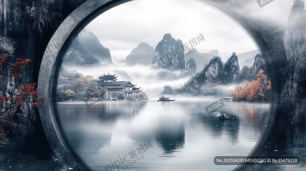 圓形窗景中的山水詩意畫