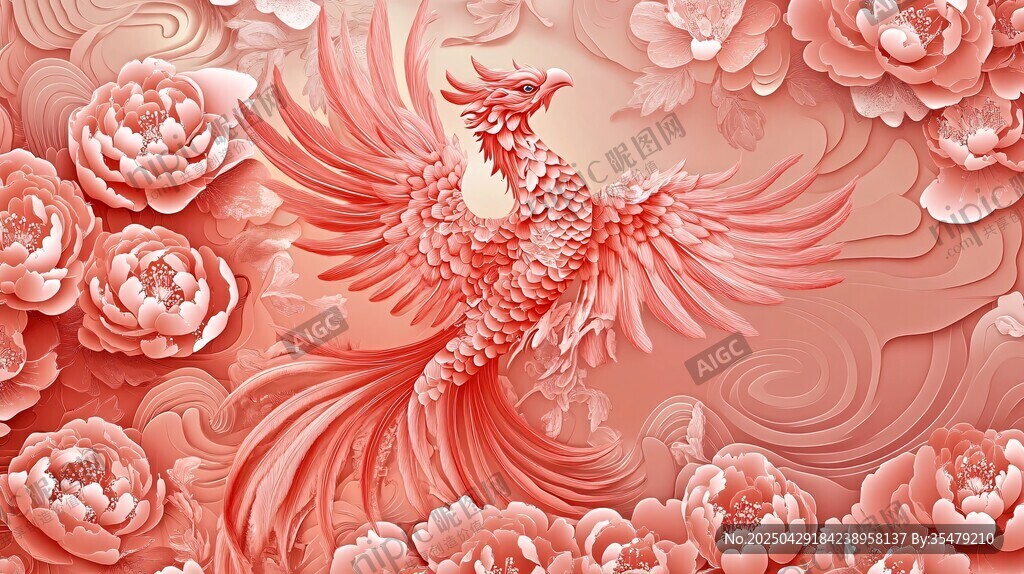 鳳凰戲牡丹立體浮雕圖案