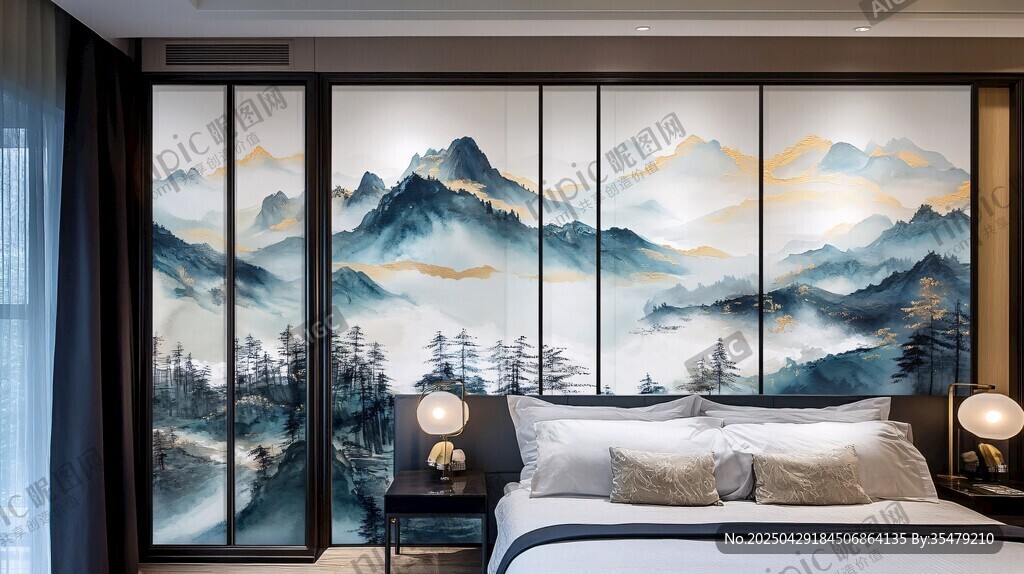 新中式山水風雅致臥室背景墻