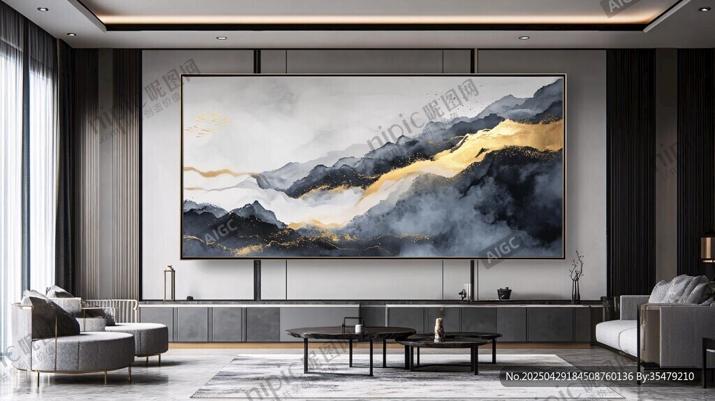 現代客廳中的大氣山水掛畫