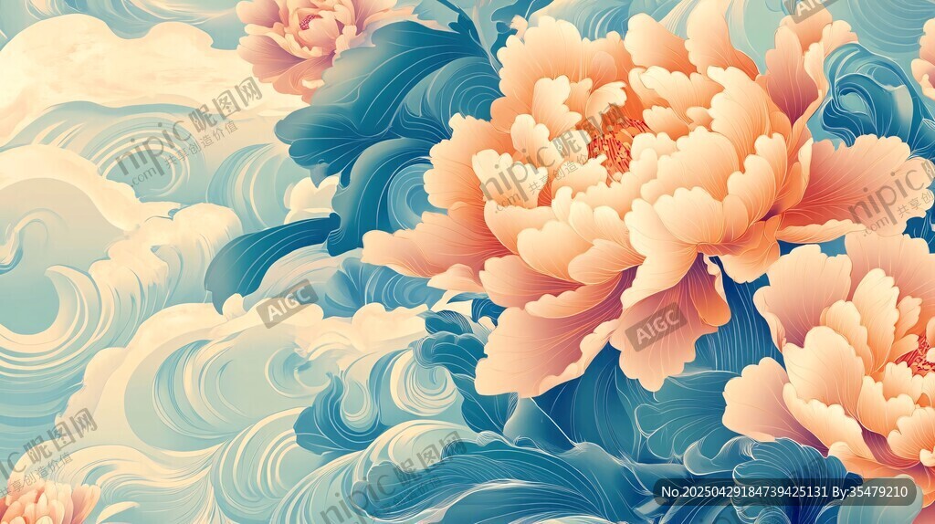 牡丹海浪國風唯美插畫