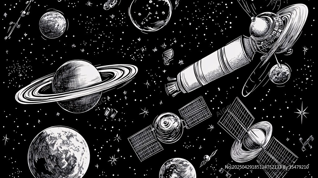 黑白手繪 宇宙中的航天器與星球