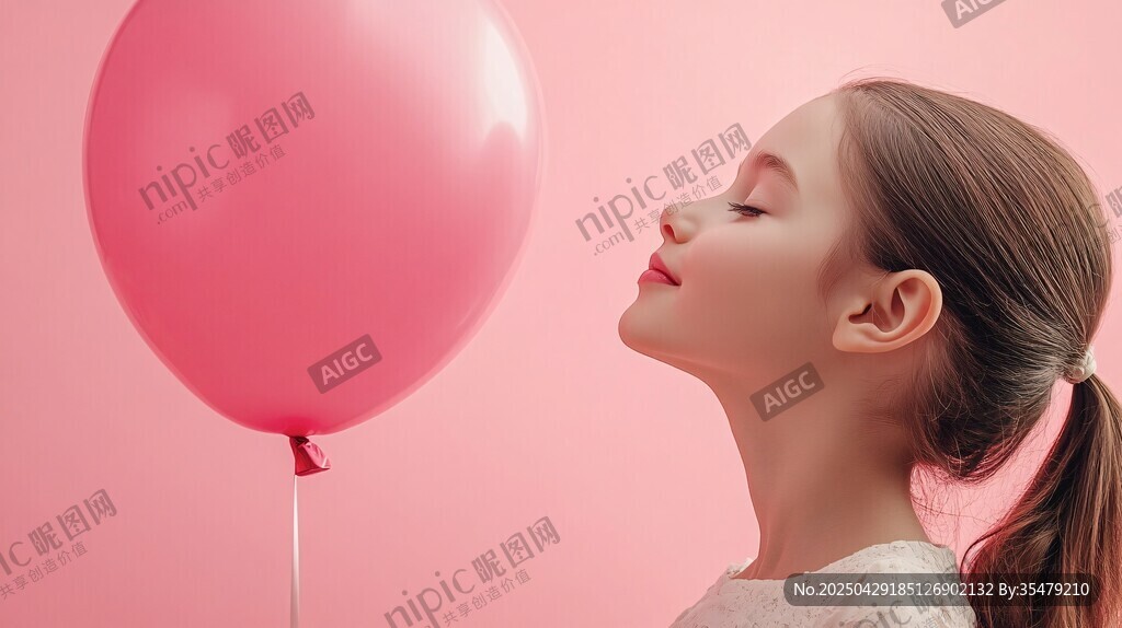 女孩閉眼嗅聞粉色氣球