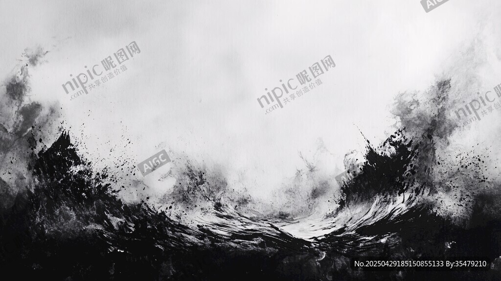 黑白水墨風(fēng)洶涌海浪景象