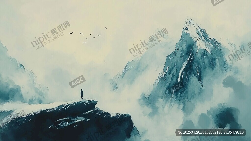 一人立山巔 云霧繞奇峰