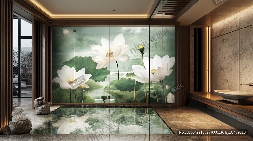 中式衛(wèi)浴間的荷花藝術(shù)背景墻