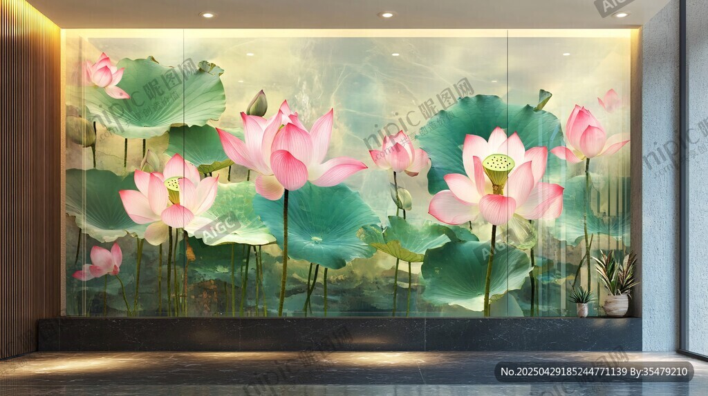 中式荷花背景墻藝術圖景