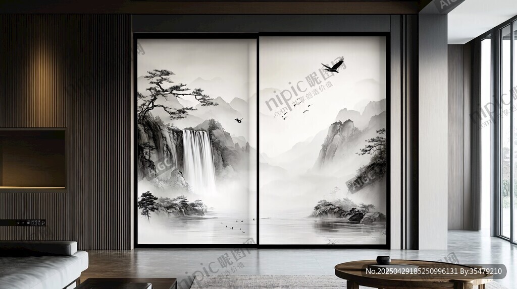 中式水墨山水移門裝飾畫(huà)