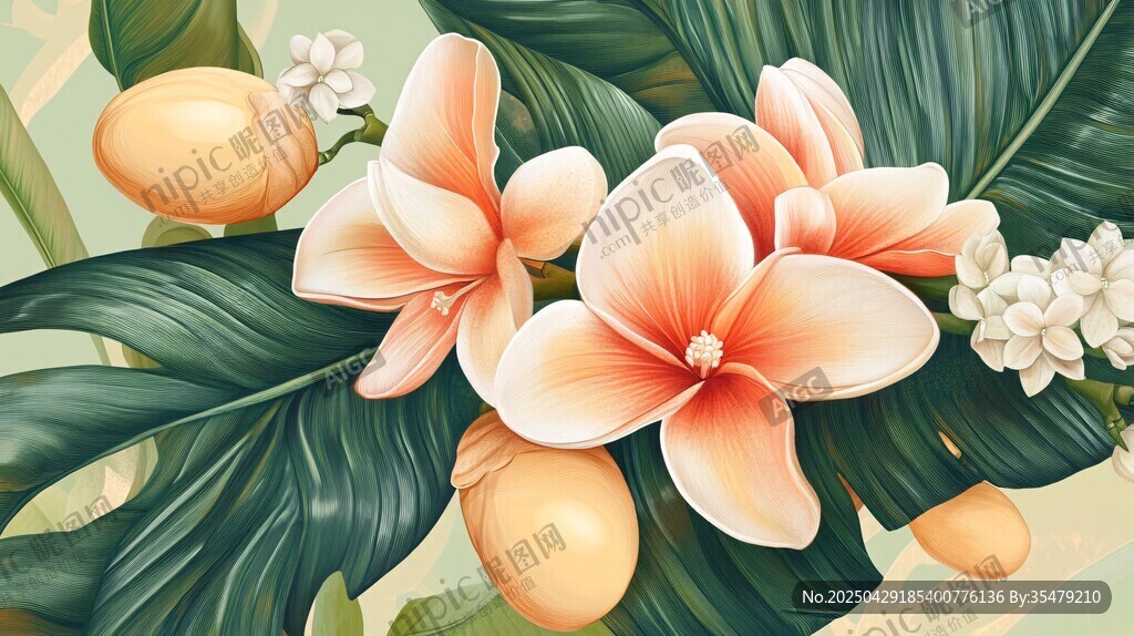 粉色雞蛋花與綠葉插畫