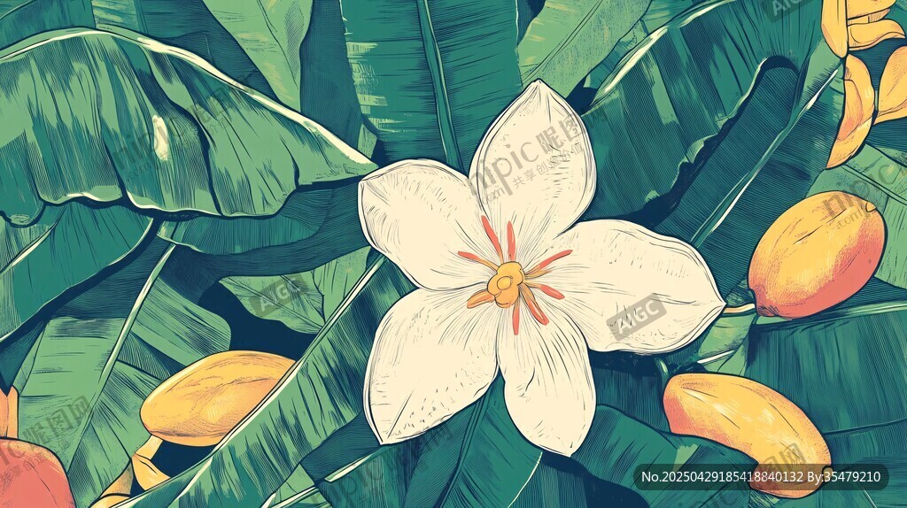 熱帶花卉與水果插畫