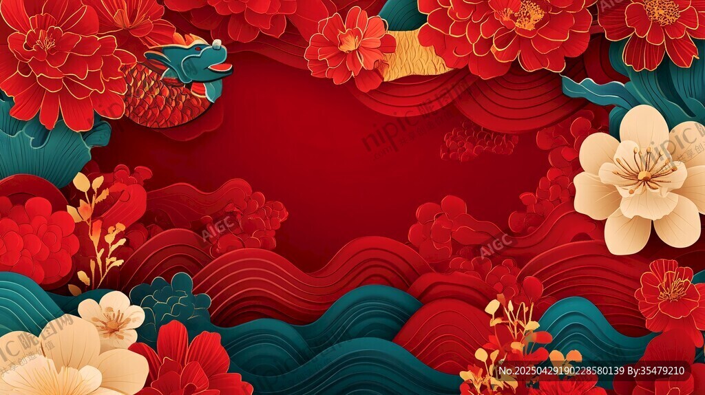中式喜慶花卉海浪背景圖